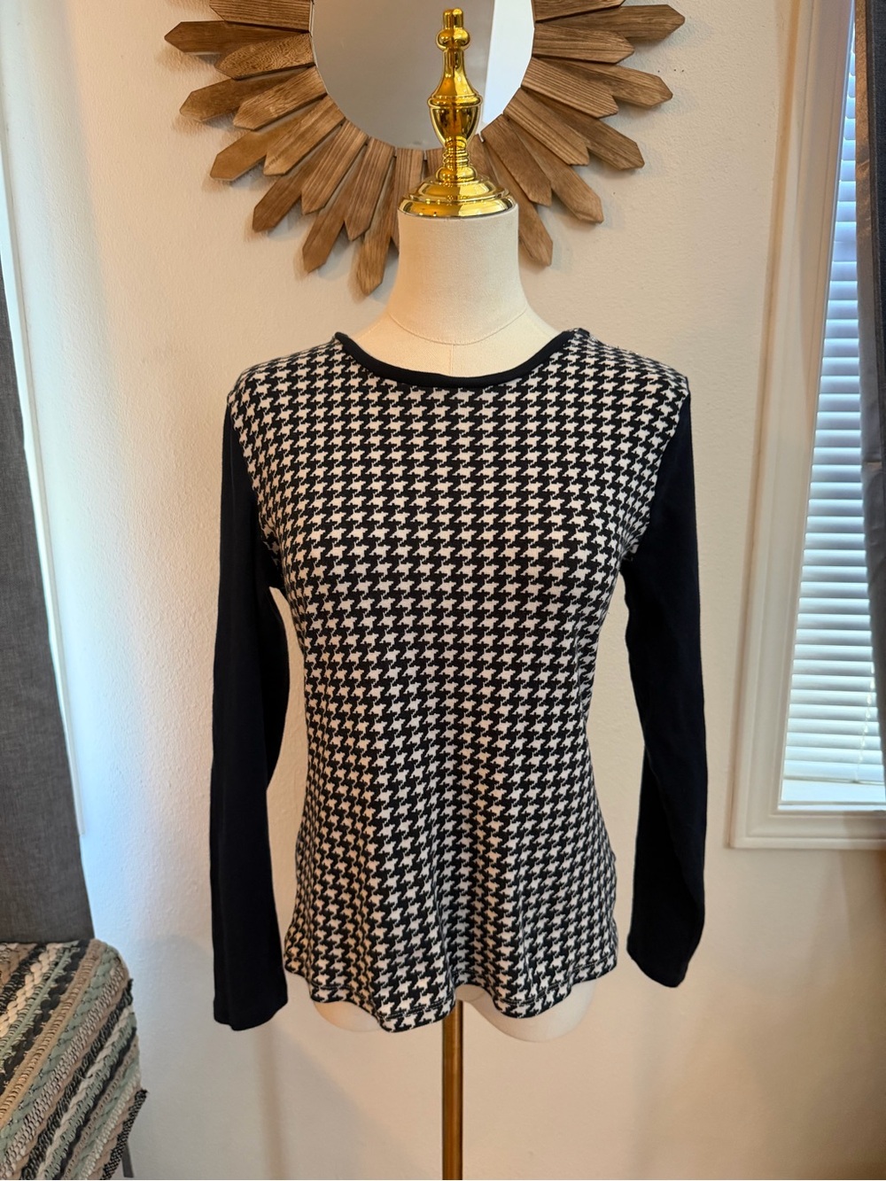 Lauren Ralph Lauren Houndstooth Long Sleeve Knit Top M